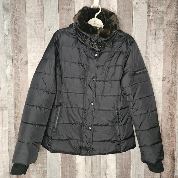S13/NYC Black Quilted Puffer Coat Faux Fur Fill Zip Women's size Medium - Picture 1 of 7